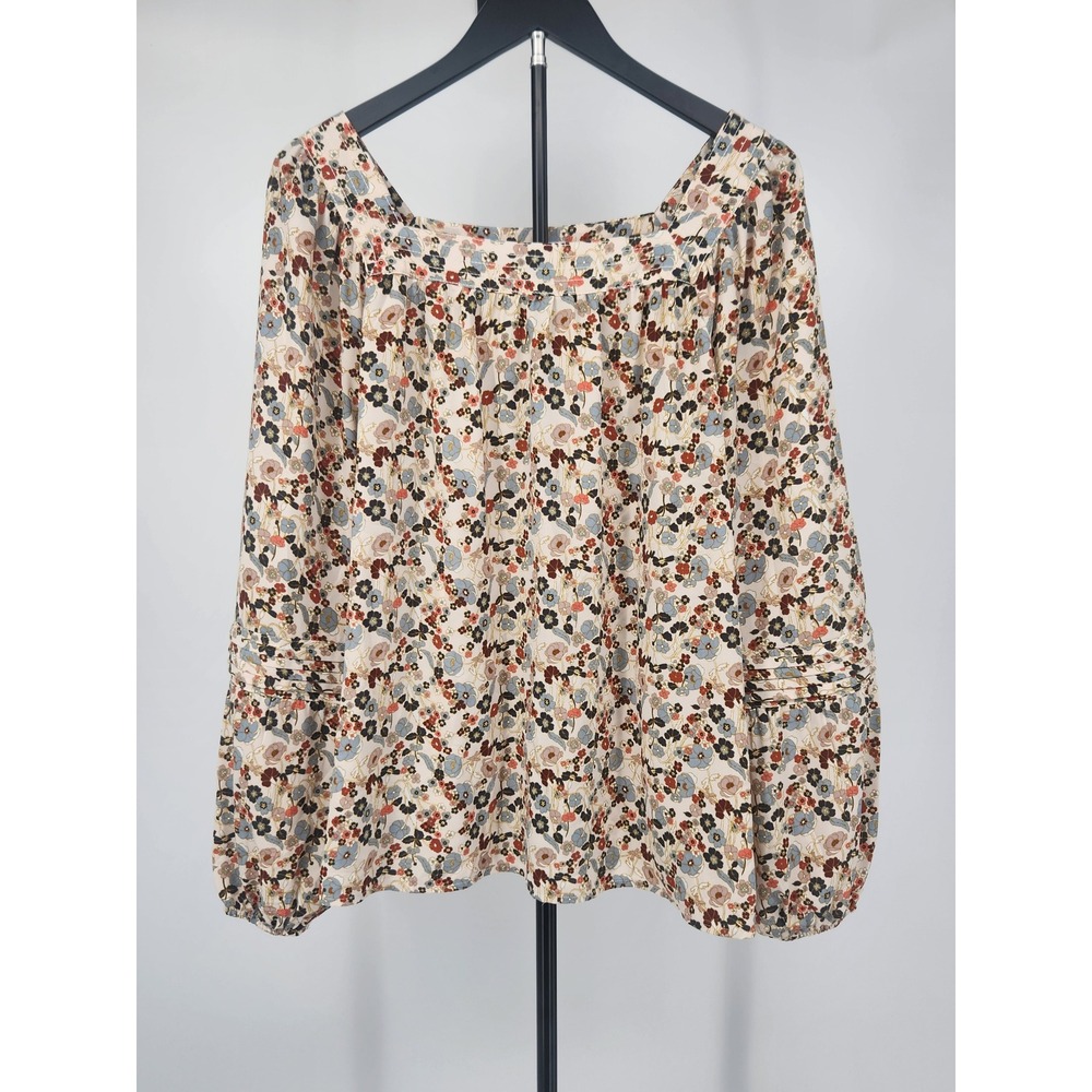 LC Lauren Conrad Floral Square Neck Puff Sleeve Blouse XXL Cream Blue Terracotta